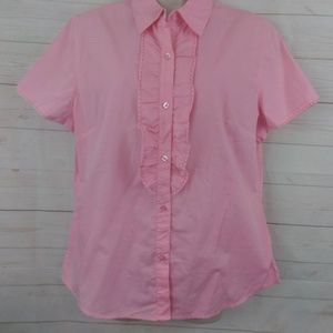 1411 Pink Ruffle Shirt Button Up Short Sleeve LG